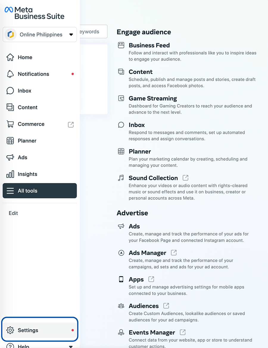 meta business suite security settings reactivate facebook page